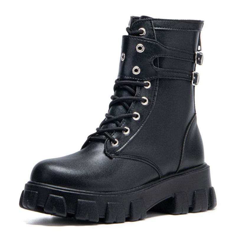 Dam Casual Spänne Dekor Snörning Tjock Sula Combat Boots