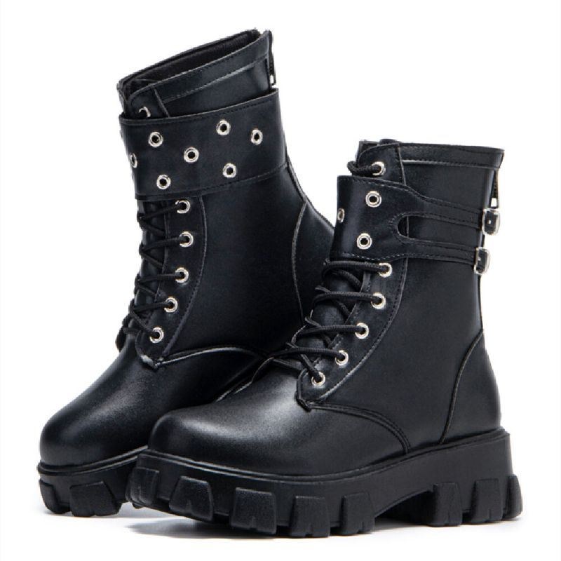 Dam Casual Spänne Dekor Snörning Tjock Sula Combat Boots