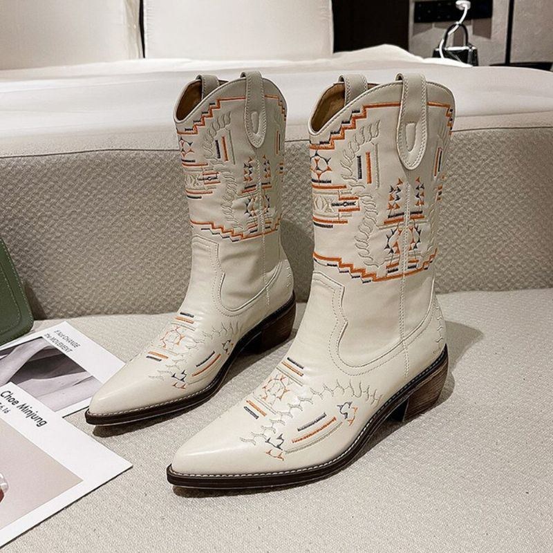 Dam Casual Spetsad Tå Vintage Broderade Västerländska Cowboystövlar Martin Boots