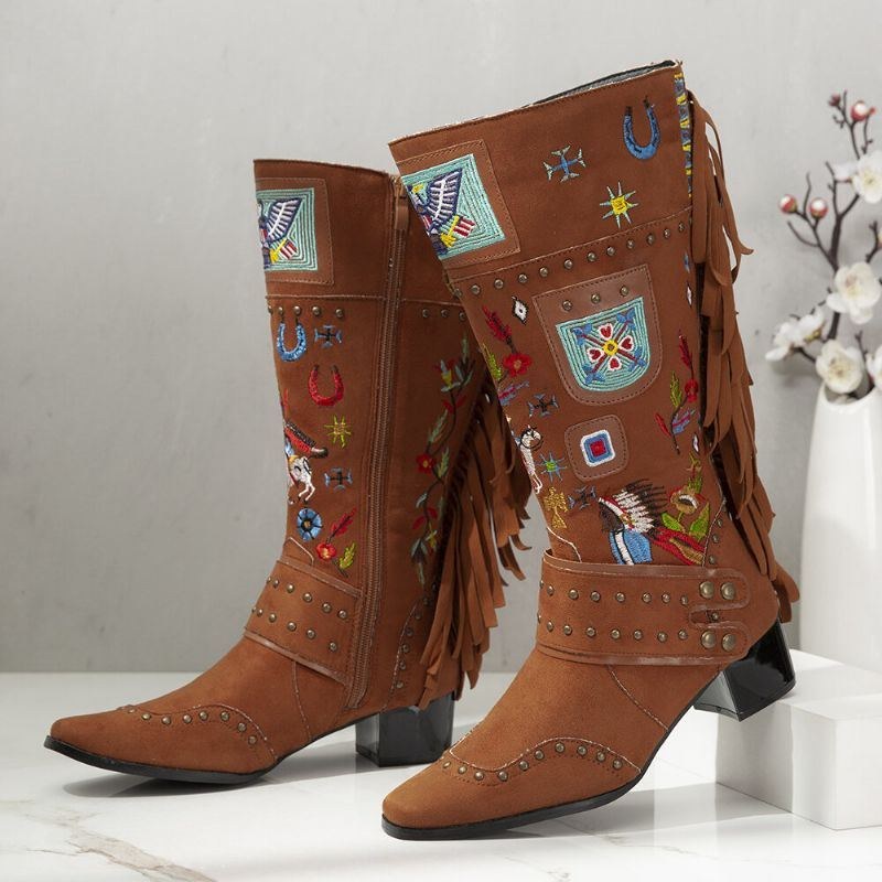 Dam Folkways Broderad Back Tofs Deocr Bärbara Chunky Heel Mid-calf Boots