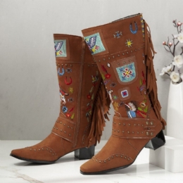 Dam Folkways Broderad Back Tofs Deocr Bärbara Chunky Heel Mid-calf Boots