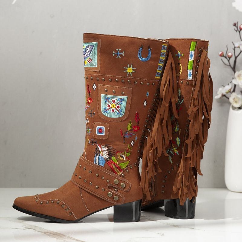 Dam Folkways Broderad Back Tofs Deocr Bärbara Chunky Heel Mid-calf Boots