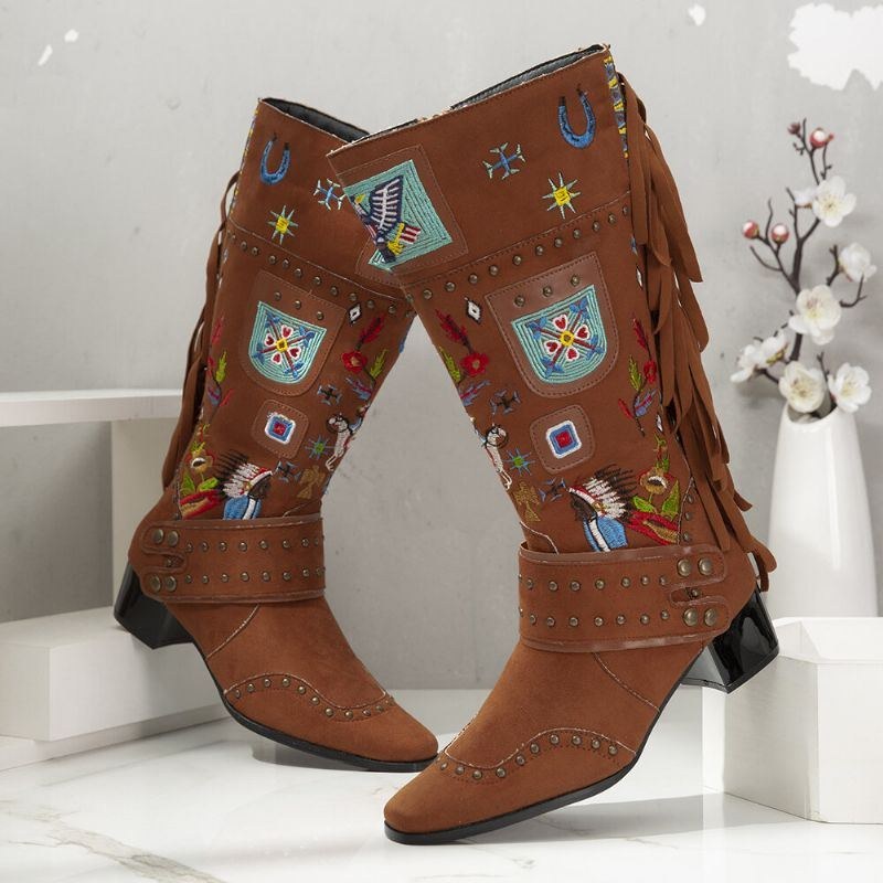 Dam Folkways Broderad Back Tofs Deocr Bärbara Chunky Heel Mid-calf Boots