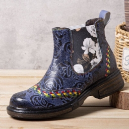 Dam Läder Retro Blommor Prägling Patchwork Stitching Ankelboots