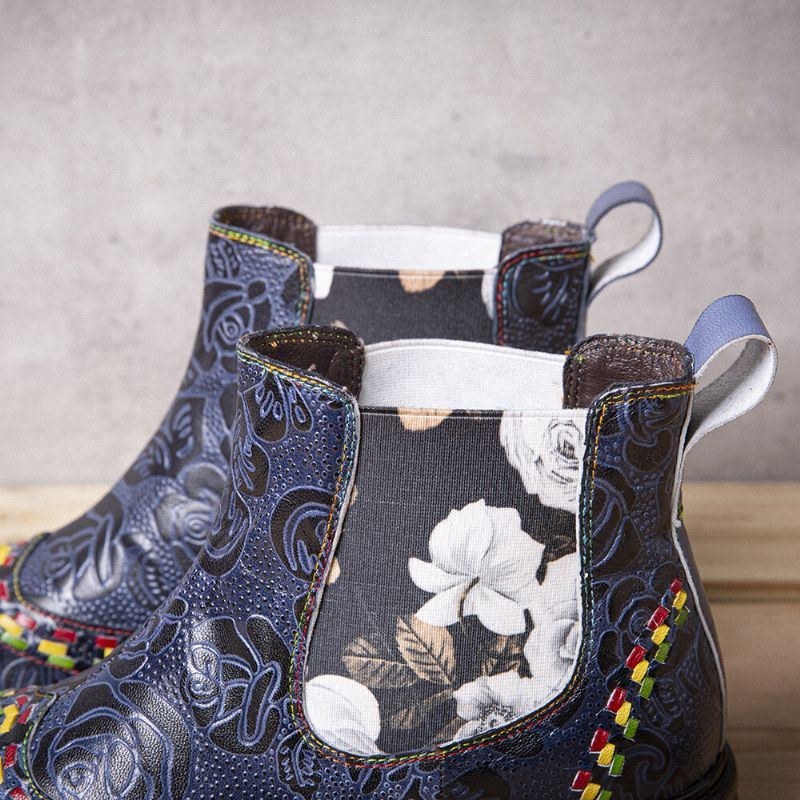 Dam Läder Retro Blommor Prägling Patchwork Stitching Ankelboots