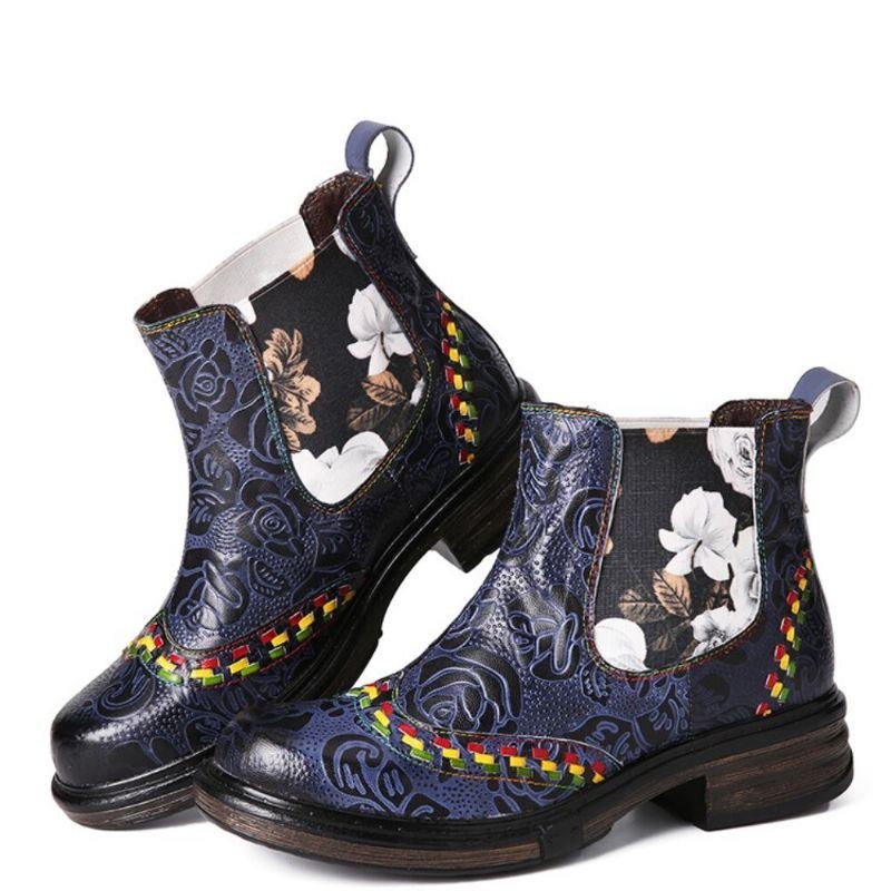 Dam Läder Retro Blommor Prägling Patchwork Stitching Ankelboots