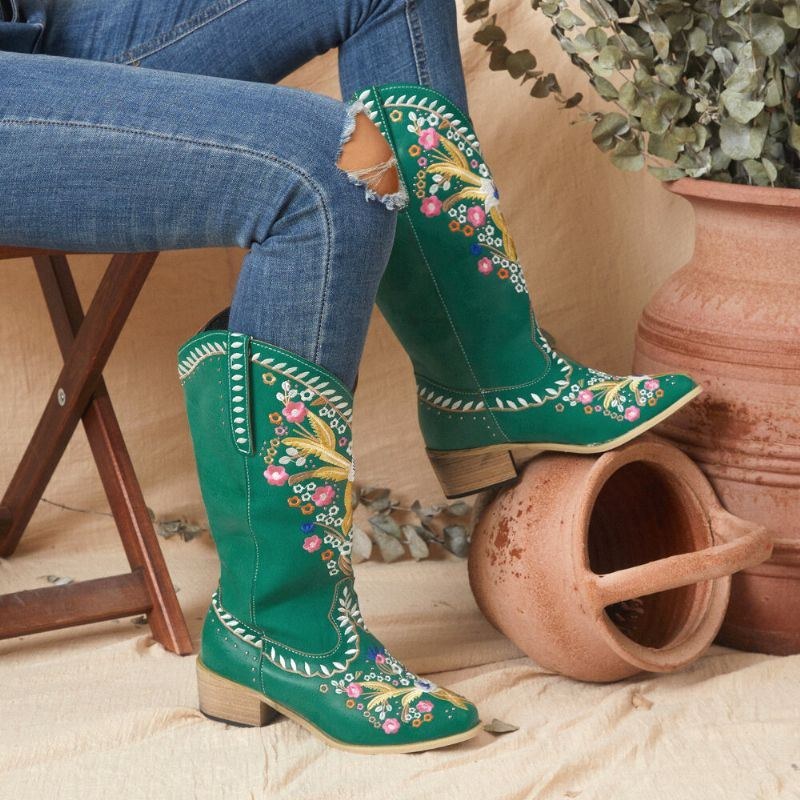 Dam Läder Retro Blomstertryck Bärbar Comfy Slip On Chunky Heel Cowboystövlar Med Mitten Av Vaden