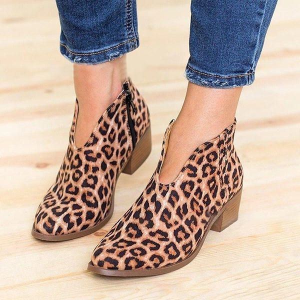 Dam Leopard Grain Chunky Heel Zipper Ankel Short Boots