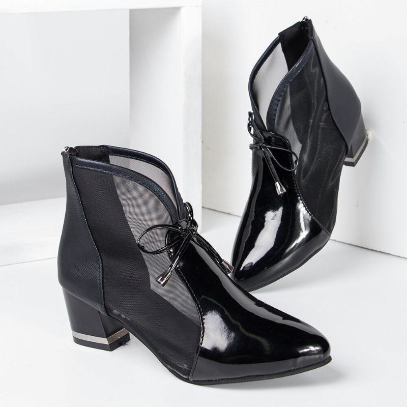 Dam Med Spetsad Tå Bowknot Andas Mesh Splicing Casual Chunky Heel Boots