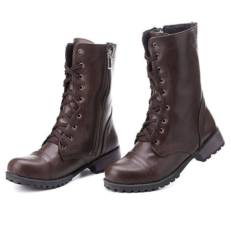 Dam Plus Size Motorcykel Rund Toe Retro Mid Calf Boots