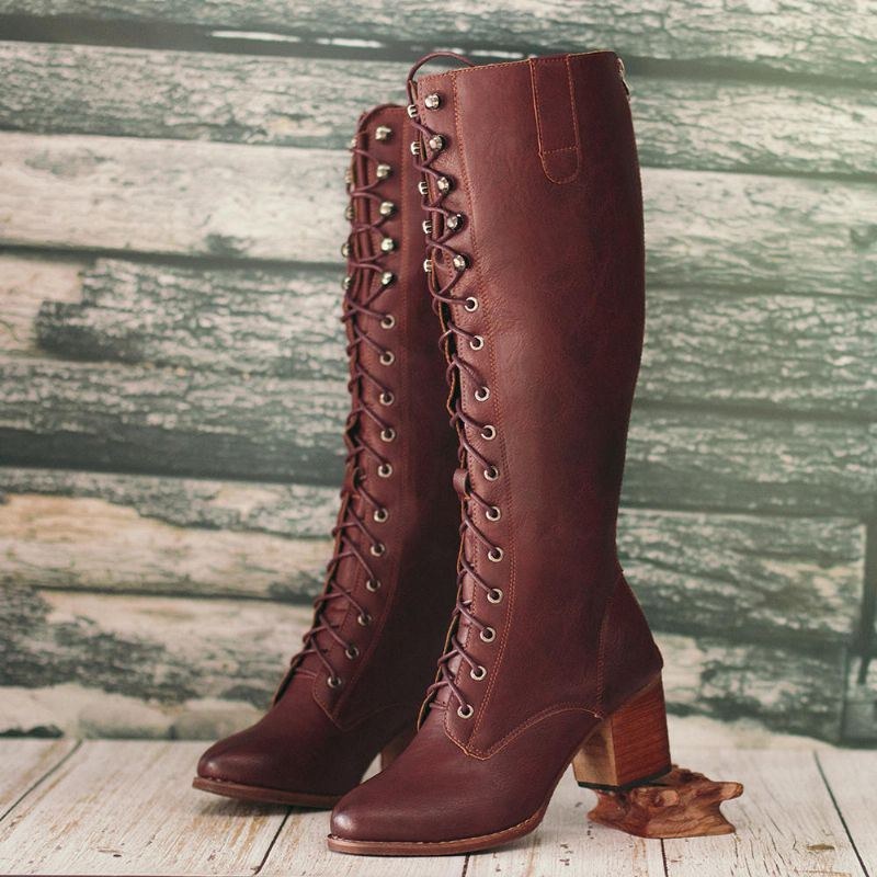 Dam Plus Size Retro Lace Up Mid Calf Boots