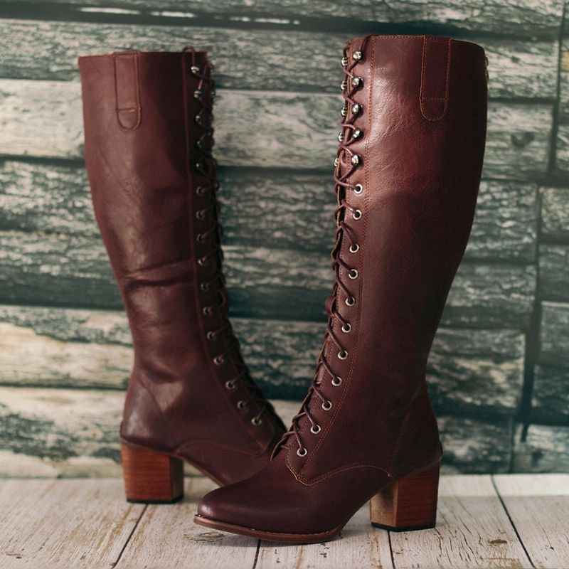 Dam Plus Size Retro Lace Up Mid Calf Boots