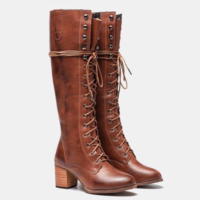 Dam Plus Size Retro Lace Up Mid Calf Boots