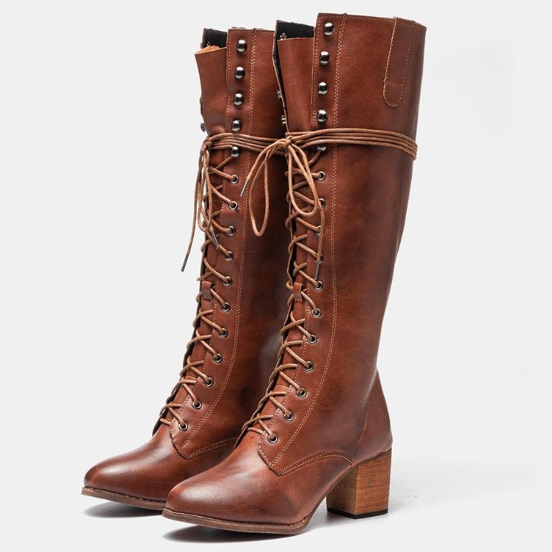 Dam Plus Size Retro Lace Up Mid Calf Boots