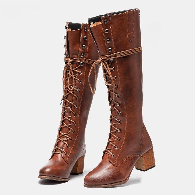 Dam Plus Size Retro Lace Up Mid Calf Boots