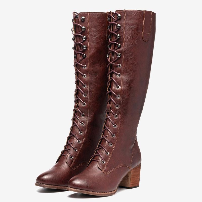 Dam Plus Size Retro Lace Up Mid Calf Boots