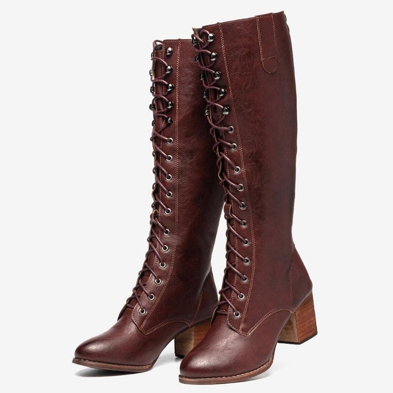 Dam Plus Size Retro Lace Up Mid Calf Boots