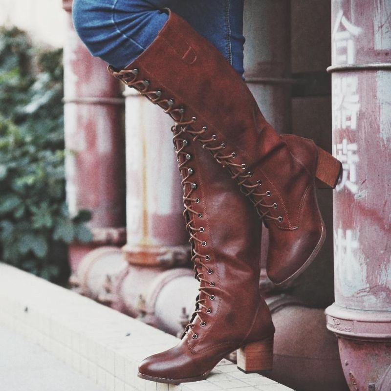 Dam Plus Size Retro Lace Up Mid Calf Boots