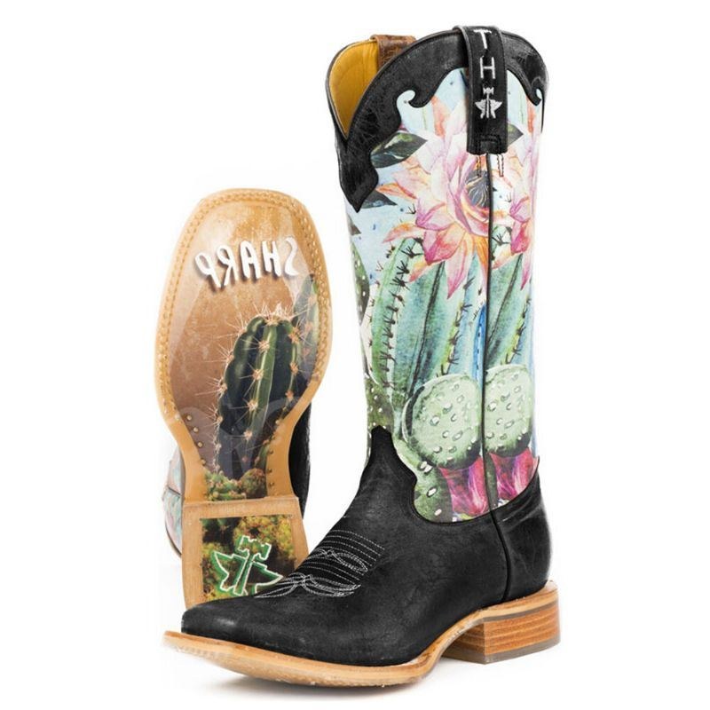 Dam Retro Blommönster Fyrkantig Toe Slip-on Cowboy Boots