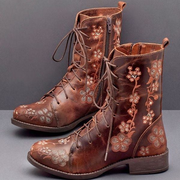 Dam Retro Blomstertryck Mid Calf Boots