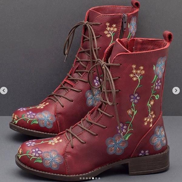 Dam Retro Blomstertryck Mid Calf Boots