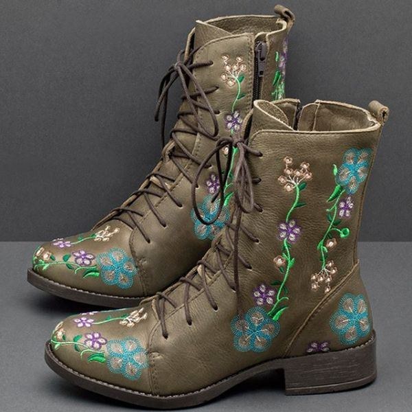 Dam Retro Blomstertryck Mid Calf Boots