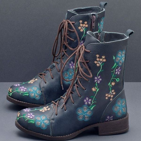 Dam Retro Blomstertryck Mid Calf Boots