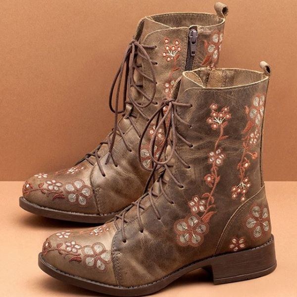 Dam Retro Blomstertryck Mid Calf Boots