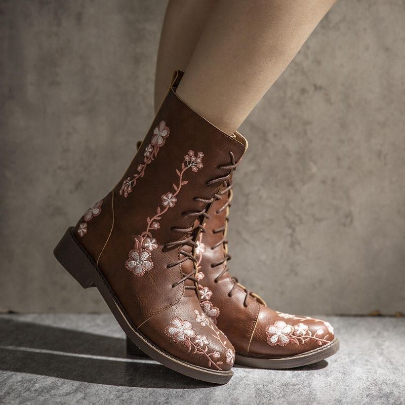 Dam Retro Blomstertryck Mid Calf Boots