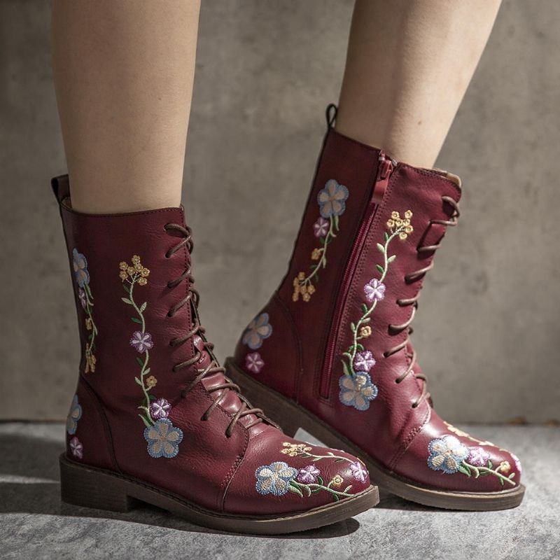 Dam Retro Blomstertryck Mid Calf Boots