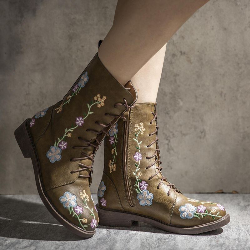 Dam Retro Blomstertryck Mid Calf Boots