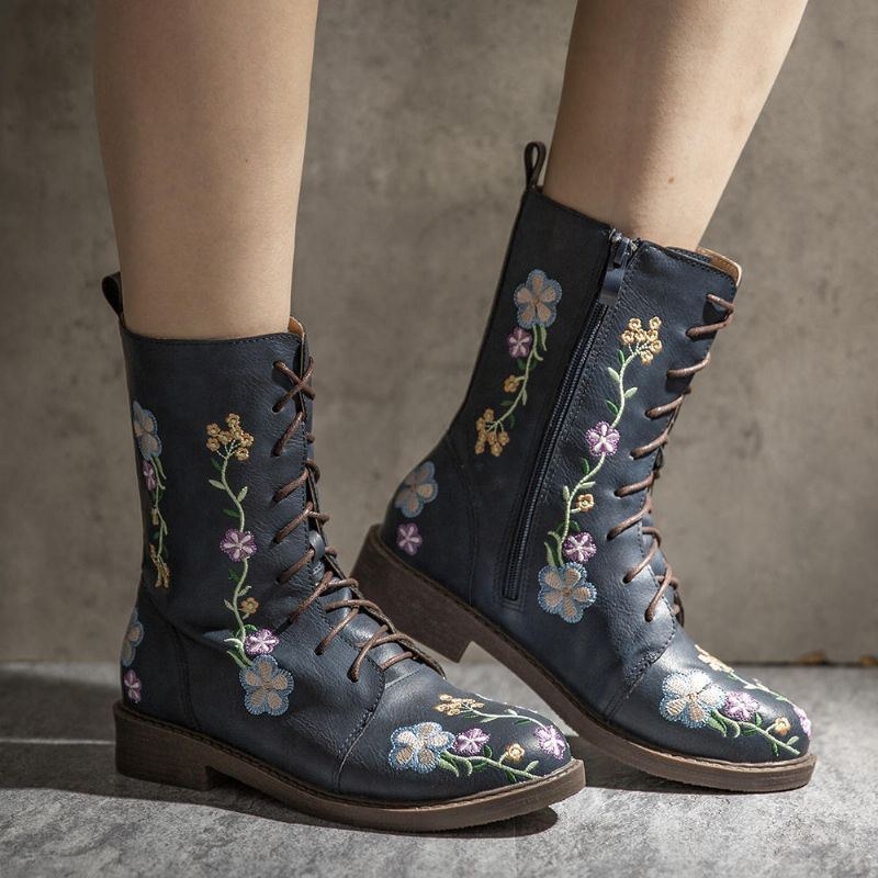 Dam Retro Blomstertryck Mid Calf Boots