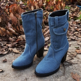 Dam Retro Denim Tyg Sidoväska Med Dragkedja Dekor Chunky Heel Mid Calf Boots