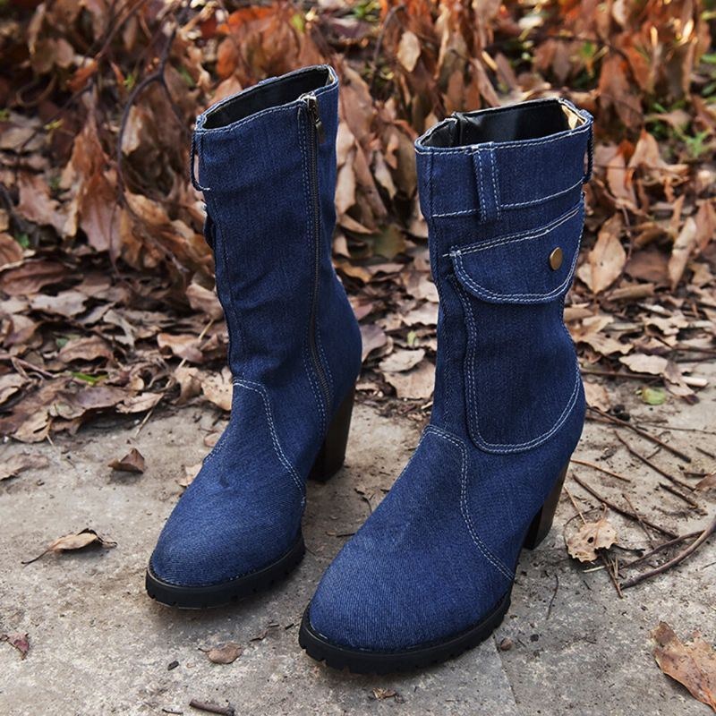 Dam Retro Denim Tyg Sidoväska Med Dragkedja Dekor Chunky Heel Mid Calf Boots