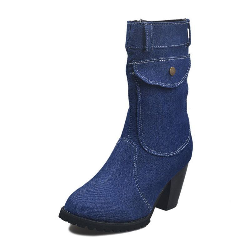 Dam Retro Denim Tyg Sidoväska Med Dragkedja Dekor Chunky Heel Mid Calf Boots