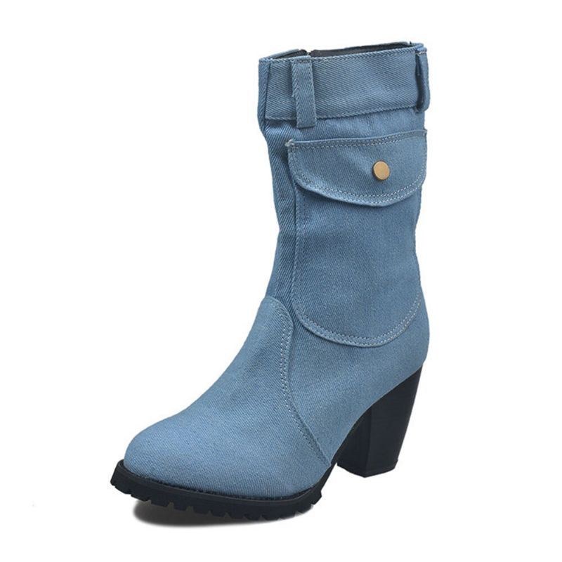 Dam Retro Denim Tyg Sidoväska Med Dragkedja Dekor Chunky Heel Mid Calf Boots