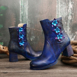 Dam Retro Handgjorda Flower Leather Boots