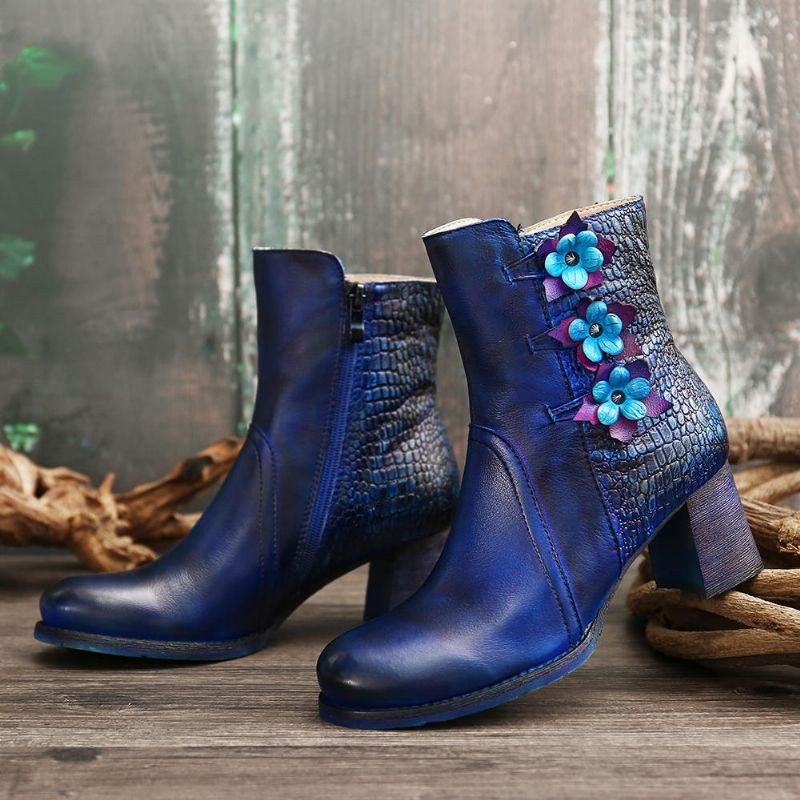 Dam Retro Handgjorda Flower Leather Boots