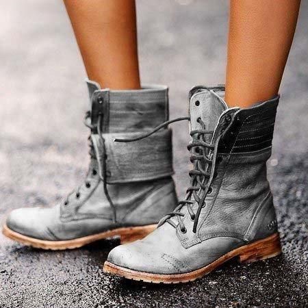 Dam Retro Läder Lace Up Block Heel Short Boots