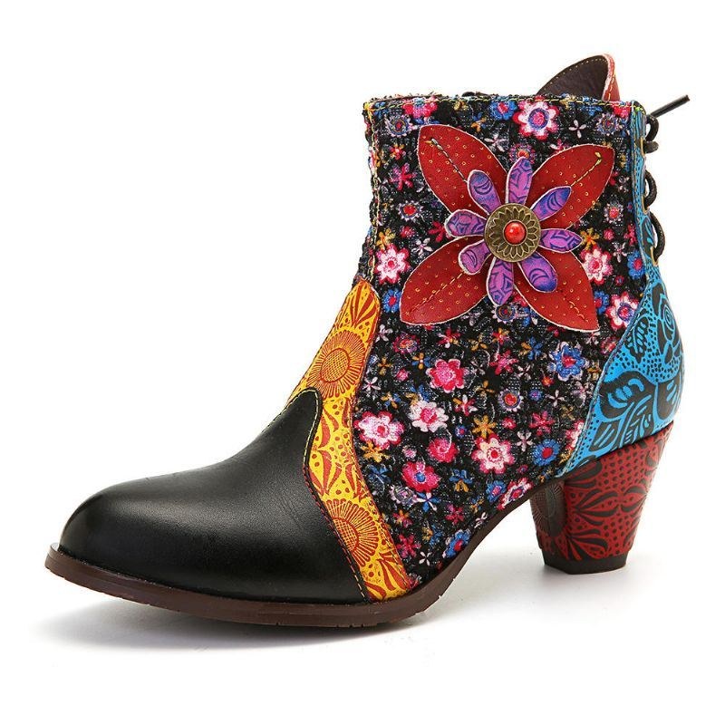 Dam Retro Leaf Flower Läder Comfy Zipper Ankel Boots