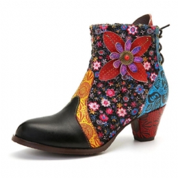 Dam Retro Leaf Flower Läder Comfy Zipper Ankel Boots