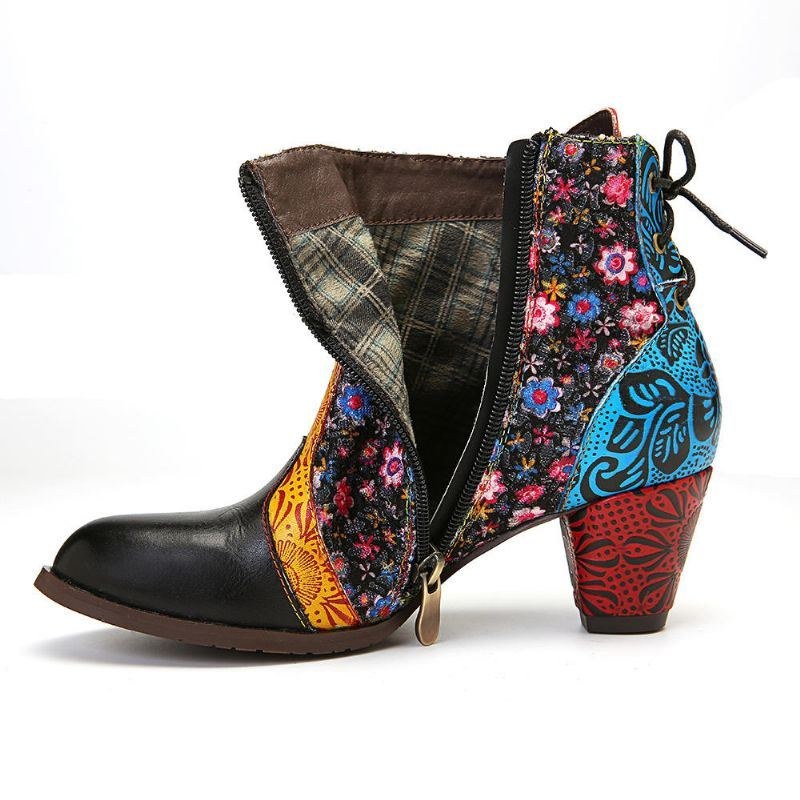 Dam Retro Leaf Flower Läder Comfy Zipper Ankel Boots