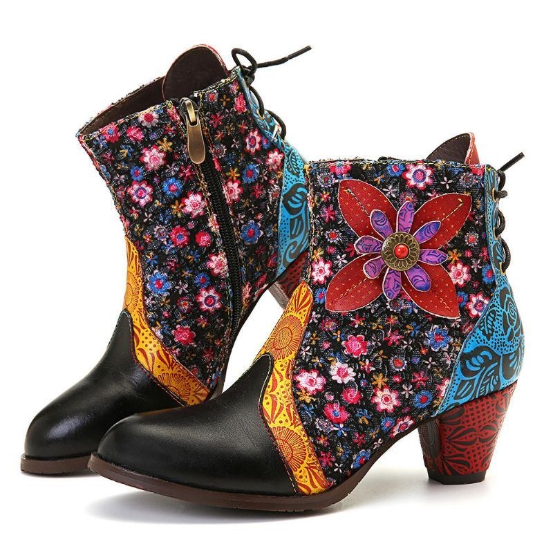 Dam Retro Leaf Flower Läder Comfy Zipper Ankel Boots