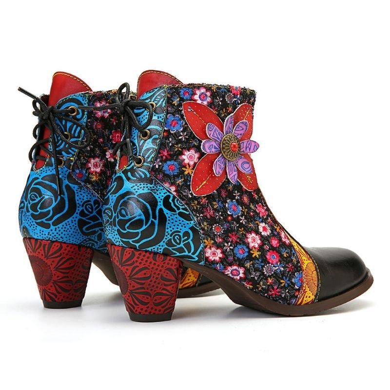 Dam Retro Leaf Flower Läder Comfy Zipper Ankel Boots