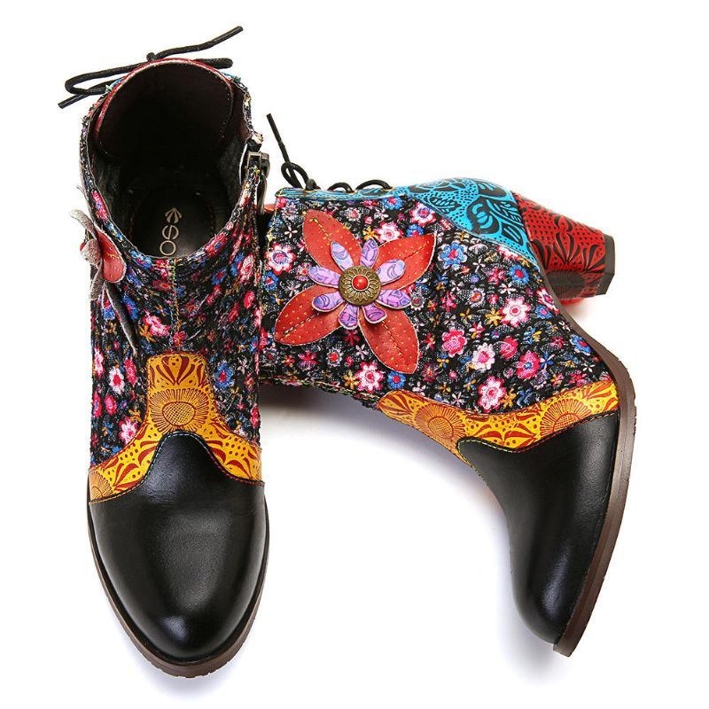 Dam Retro Leaf Flower Läder Comfy Zipper Ankel Boots