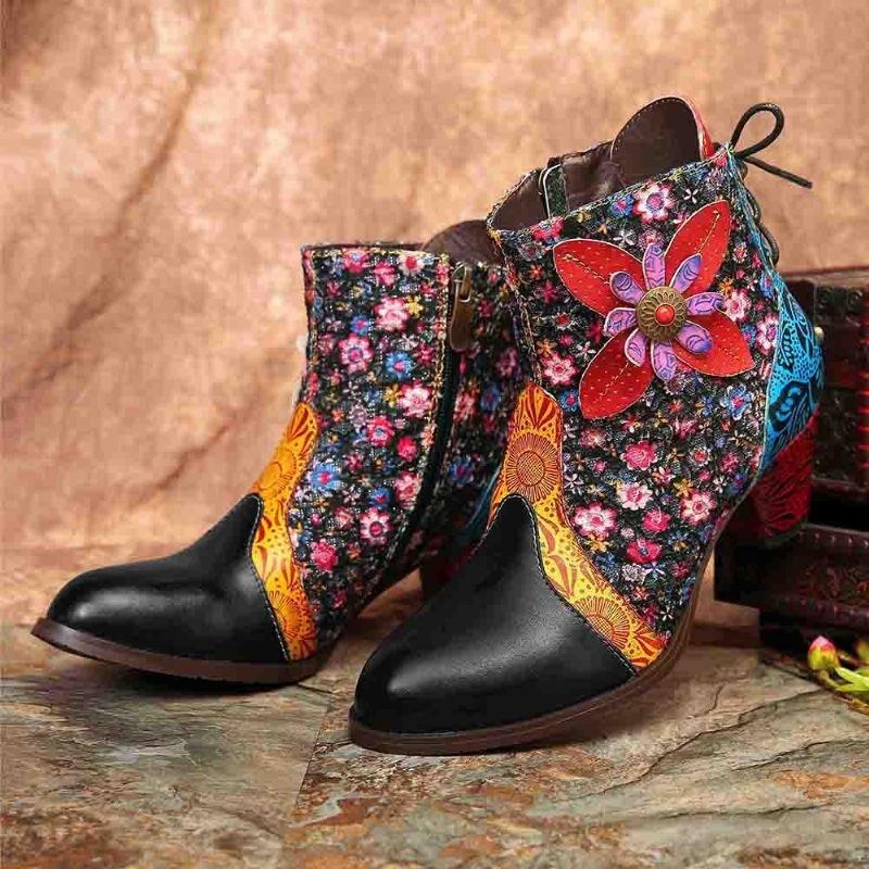 Dam Retro Leaf Flower Läder Comfy Zipper Ankel Boots