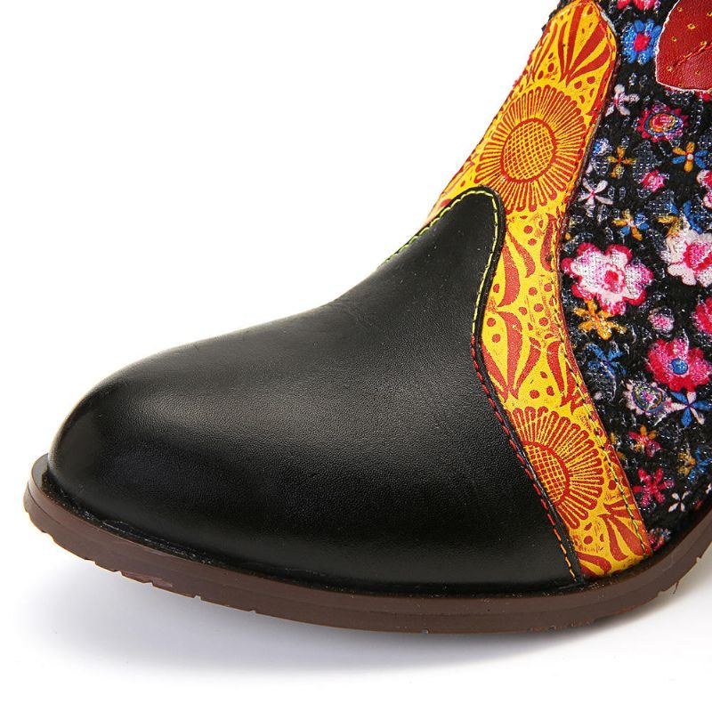 Dam Retro Leaf Flower Läder Comfy Zipper Ankel Boots