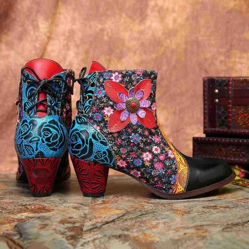 Dam Retro Leaf Flower Läder Comfy Zipper Ankel Boots