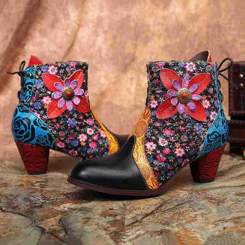 Dam Retro Leaf Flower Läder Comfy Zipper Ankel Boots