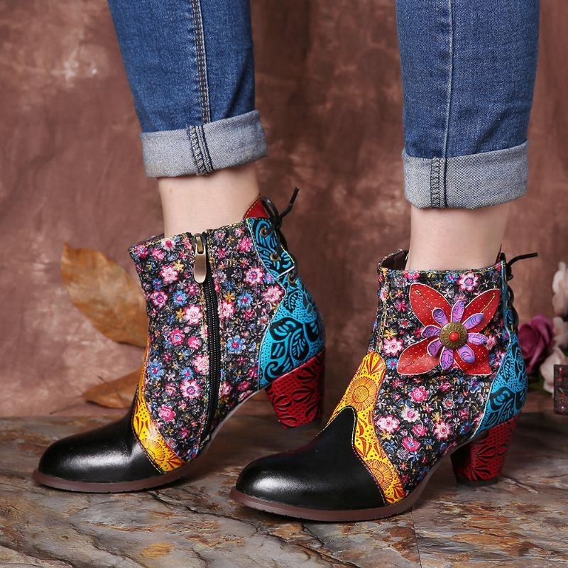 Dam Retro Leaf Flower Läder Comfy Zipper Ankel Boots